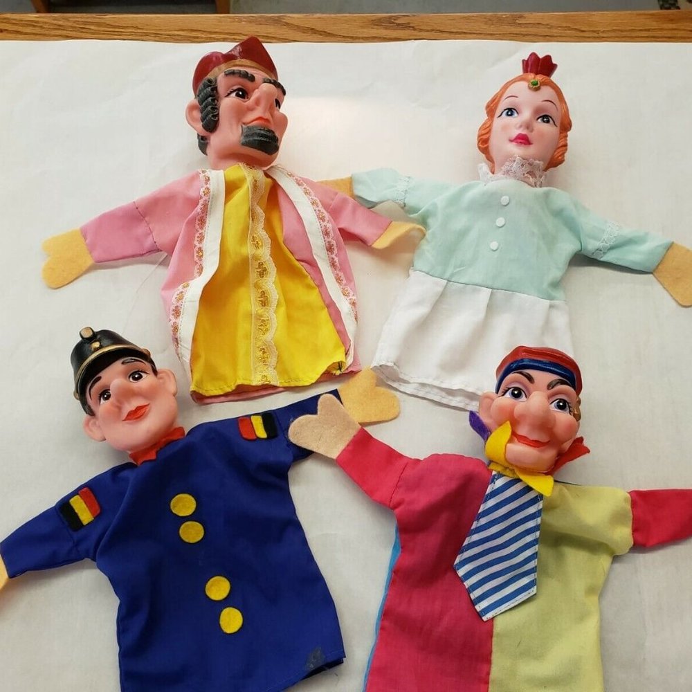 Vintage lot of 4 Hand Puppets Queen King Jester Police Cop like Mr Rogers